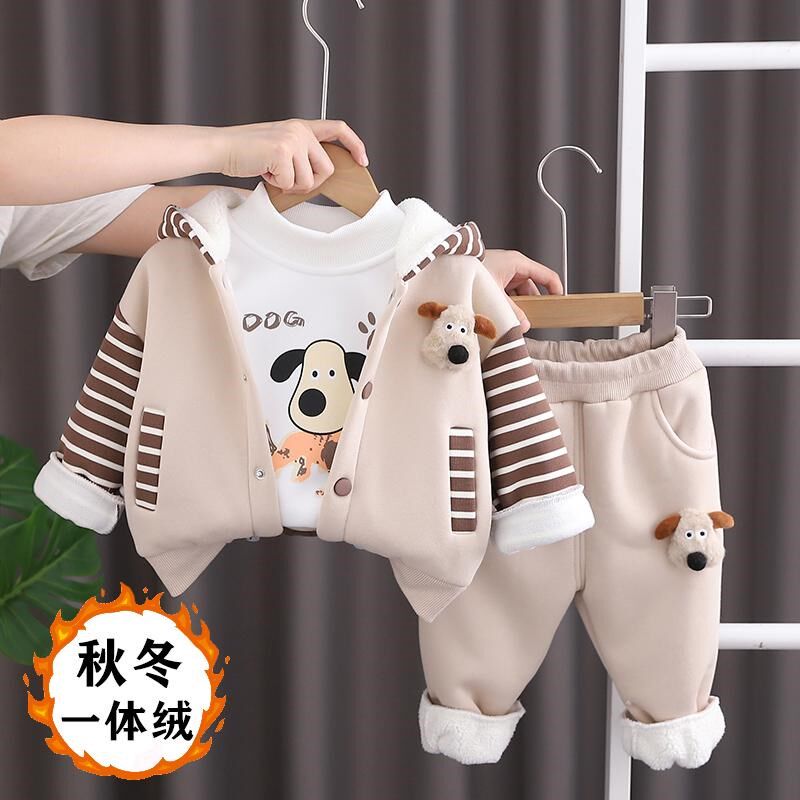 男童加绒套装宝宝秋冬季一体绒三件套婴儿童洋气休闲棒球服冬装潮