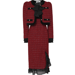 2023新款 长裙裙子套装 气质酒红色粗花呢外套洋装 秋冬季 女装