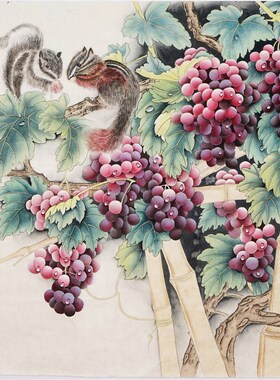 工笔画葡萄斗方国画手工精品手绘中式客厅字画无款画没题款z0008
