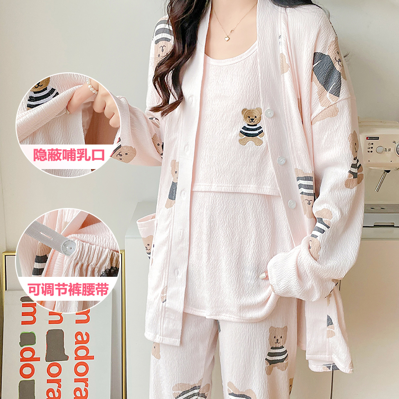三件套月子服纯棉纱布春秋夏季孕z妇哺乳睡衣4月份5产后喂奶装大