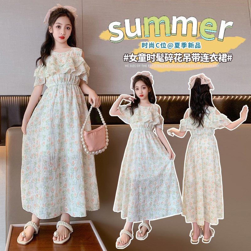 现货女童夏装连衣裙大女孩夏款儿童装雪K纺碎花公主裙子夏季潮9洋