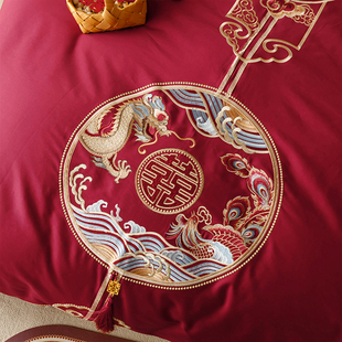 新中式 婚庆红色全棉四件套刺绣纯棉被套床单结婚陪嫁婚房床上用品