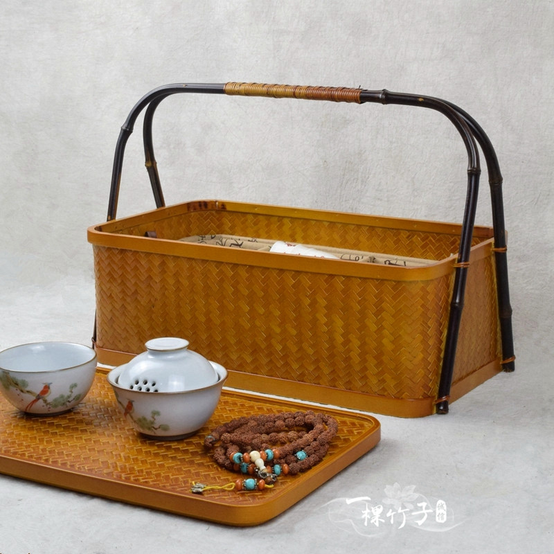 竹风茶箱手提便携茶具收纳盒竹编整理筐功夫茶壶茶杯外出加厚包篮