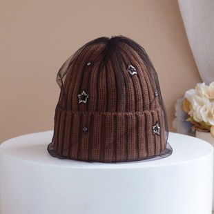 黑色网纱毛线帽保暖秋冬冷帽针织白帽子冬季滑雪帽韩版可爱显脸小