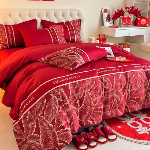 高档中式结婚四件套大红色新婚被套纯棉婚庆婚嫁床单喜被床上用品