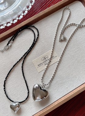 韩国银色爱心黑色水晶吊坠项链锁骨链女潮款爆款长卫衣链夏天配饰