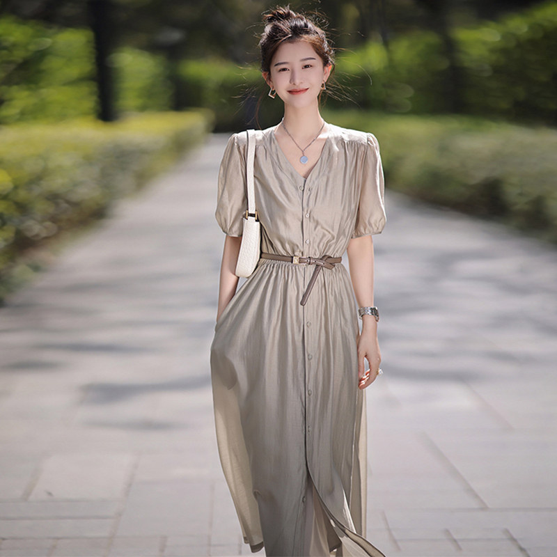 欧洲站港味复古chic小众设计感森系超仙女收腰显瘦衬衫连衣裙夏季