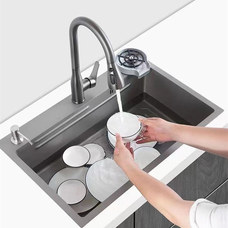 网红款304不锈钢手工水槽纳米枪灰色大单槽O水斗厨房洗菜盆洗碗池