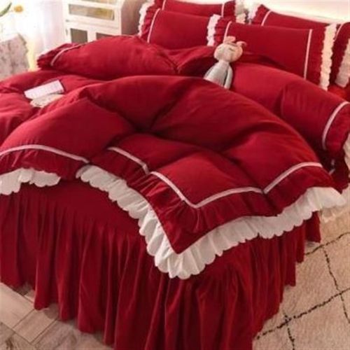 韩式公主风床裙四件套水洗棉红色结婚被套床单被单枕套三件套可爱