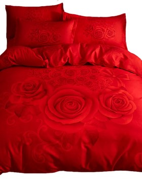大红色四件套婚嫁全棉纯棉结婚床上用品婚被夏季床品被套婚庆床单