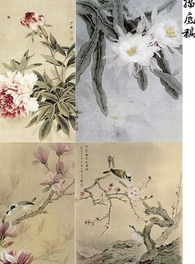 【无步骤】工笔画白描底稿周中耀花鸟一套四幅尺寸43*65厘米-05ZY