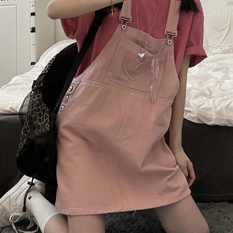 少女粉甜b美减龄宽松牛仔洋装2023春季新款大尺码胖妹妹抱婴袋短