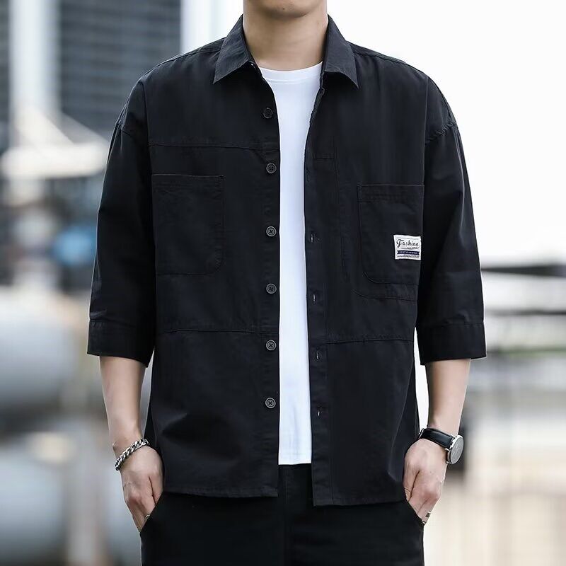 七分袖工作服衬衣薄款五分袖衬衫男中袖春夏青年工装多口袋外
