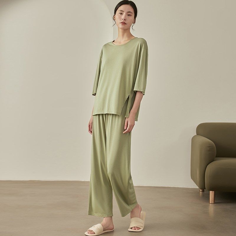 七分袖睡衣女款夏季铜氨丝开叉中袖长裤薄款夏天可外穿家居服套装,女士内衣/男士内衣/家居服,睡衣/家居服套装,淘宝优惠券,粉丝福利购,淘宝优惠卷