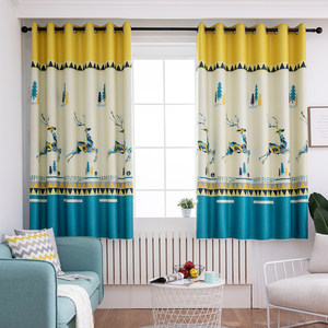 小房间窗帘布成品遮光简约现代2米短帘卡通卧室飘窗客厅送罗马杆