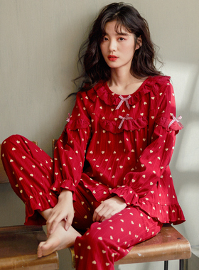 睡衣女春秋纯棉长袖2021年新款C红色新婚本命年夏季全棉薄款家居