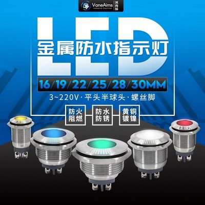 金属指示灯16MMh 19MM 22MM30mm电源信号灯6V12V24V220V防水指示