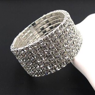 韩版个性玫瑰银色百搭宽手镯女满钻弹力宽手链夸张手饰品学生简约