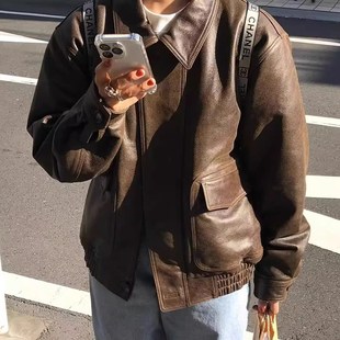 韩国美式复古飞行员皮夹克外套女2023新款秋季显瘦短款棕色皮衣女