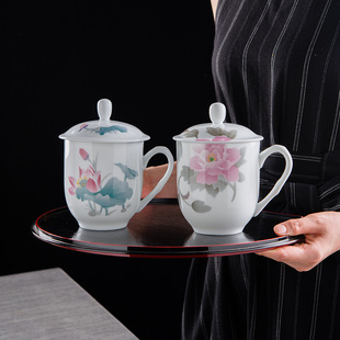 釉下彩中式手绘陶瓷办公杯带盖会议水杯家用大容量泡茶杯定制礼品