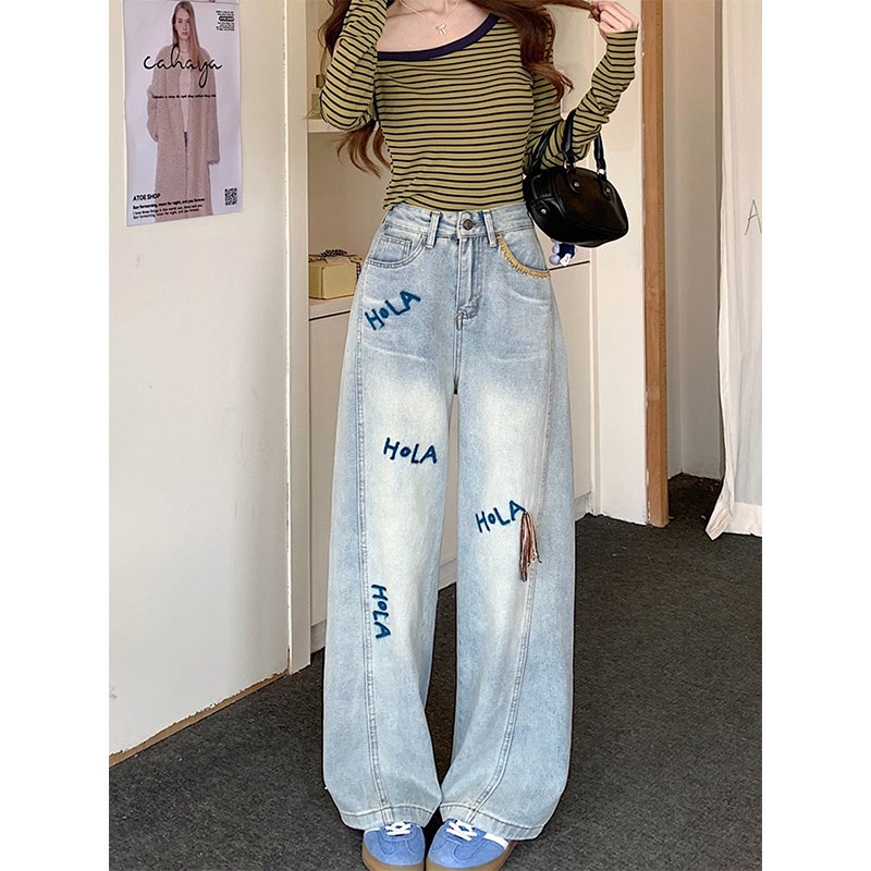 大码高级设c计感字母刺绣牛仔阔y腿裤女2025春季新款宽松显瘦拖地