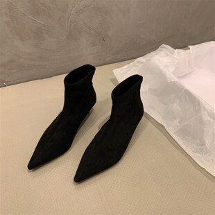小众高跟尖头瘦瘦靴女鞋2022年细跟韩系小裸靴绒面秋冬季加绒短靴