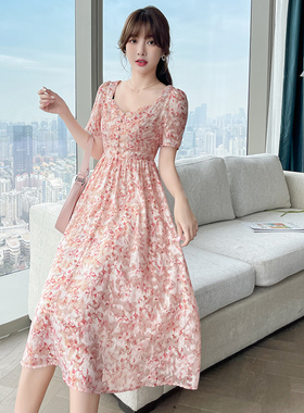 雪纺仙女粉色裙子2021夏季新款女装法式高腰显瘦中长款碎花连衣裙