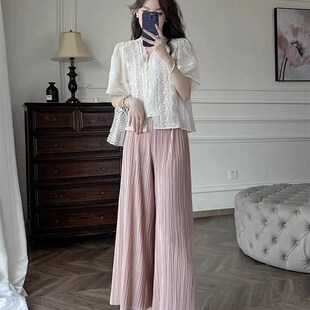 孕妇裤子外穿2023夏p季新品百褶冰丝凉凉裤大码粉色垂感阔腿九分