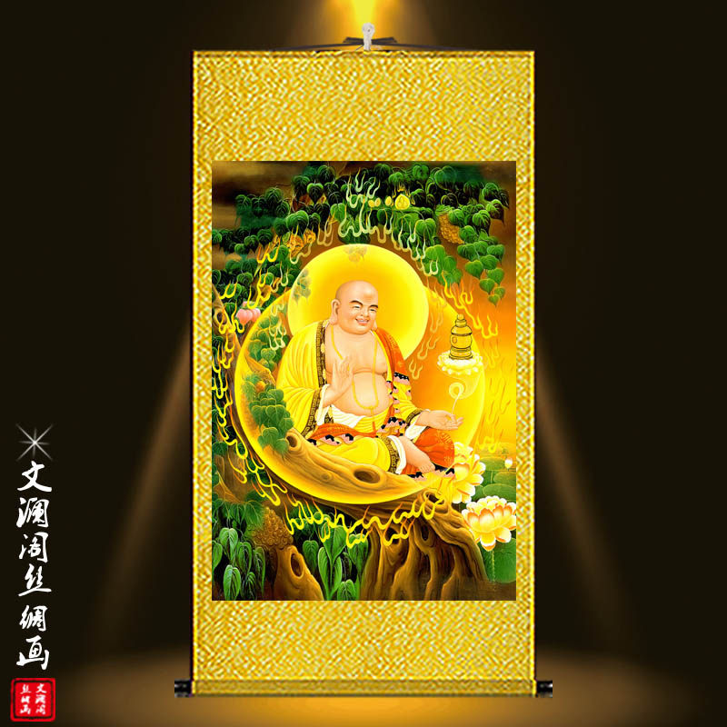 大肚弥勒佛像挂画欢喜佛办公室客厅玄关风水禅意装饰丝绸卷轴挂画
