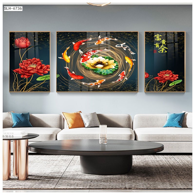 金鹿欢腾客厅装饰画沙发背景墙挂画轻奢孔雀三联画镶钻晶瓷壁画图片