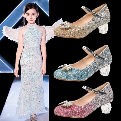 水晶鞋女儿童演出鞋2024春秋新款模特走秀礼服鞋子皮鞋女童公主鞋