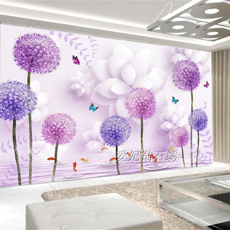 十字绣贴钻画2019新款简约现代钻石画紫色立体蒲公英九鱼图背景墙