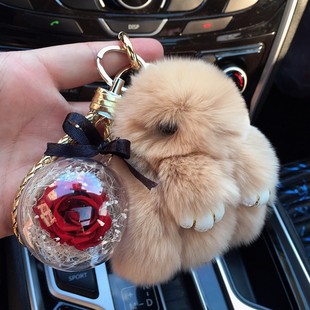 真斯兔毛小兔子毛绒玩偶花球车钥匙扣手机吊饰公仔包挂件