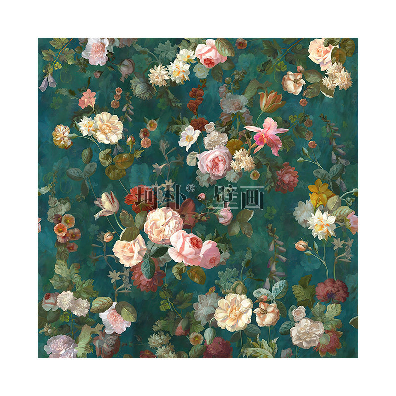 珂朴美式手绘花朵壁画墨绿色背景壁纸无纺布墙纸客厅电视背景墙,家装主材,无纺布墙纸,淘宝优惠券,粉丝福利购,淘宝优惠卷