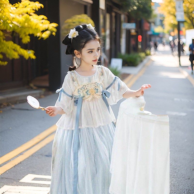 嫦娥仙子汉服女童日常夏天清爽短袖儿童改良薄款古装连衣裙写真服