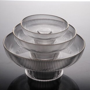 新款竖纹玻璃果盘高脚金边水晶玻璃果盘大中小盘子X套装餐桌摆件