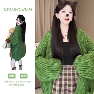 森系绿色b粗毛线毛衣开衫女秋冬季大版宽松韩系慵懒风针织外套上