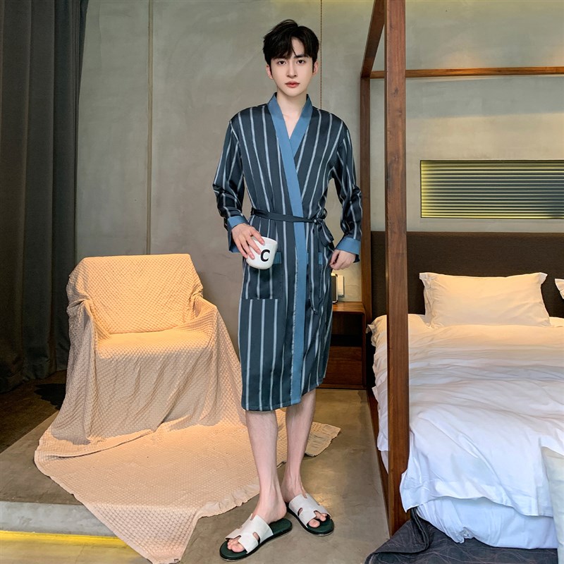 男士睡袍春秋款冰丝薄款高级感丝绸睡G衣夏季长袖条纹男款浴袍浴