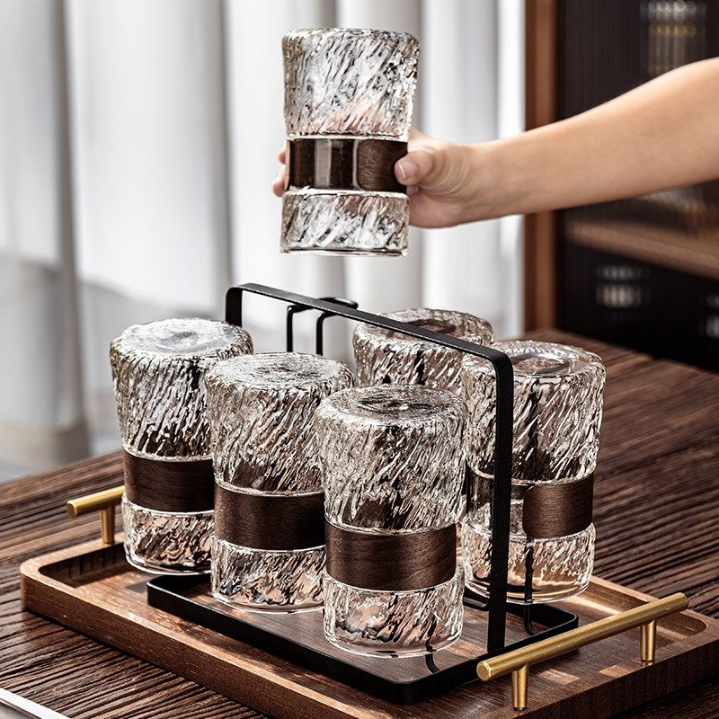 浮雕玻璃水杯套装家庭用待客厅耐高温茶具高颜值喝咖啡啤酒带架子