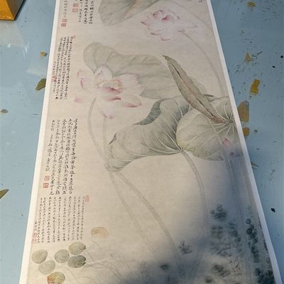 清喷恽寿平唐炗红莲绿藻图微制装画荷keiSlhBS花饰图竖幅画稿复挂