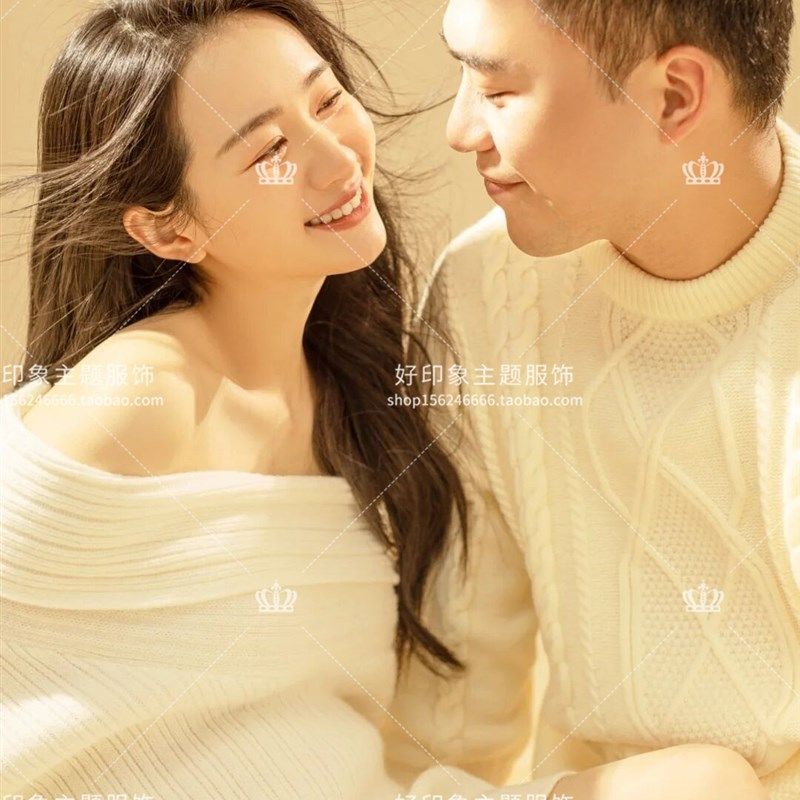 韩版新款孕妇拍照服装居家情侣影楼D摄影服饰白色针织毛衣粗线毯