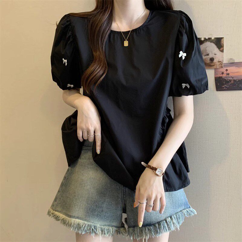 韩版蝴蝶结泡泡袖短袖衬衫女夏季大码胖mm宽松遮肚小衫减龄娃娃衫