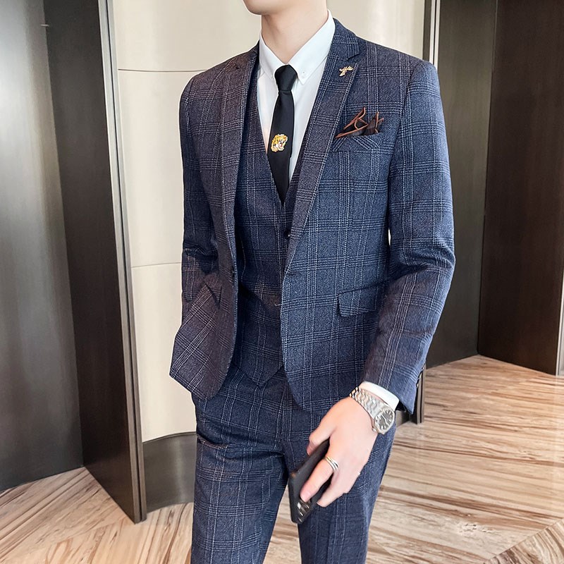 西服套装男修身休闲商务正装新郎结婚礼服高级感格子西装外套潮流