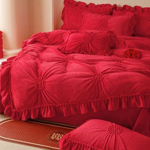 秋冬季牛奶绒四件套加厚保暖珊瑚绒红色婚庆被套床单结婚床上用品