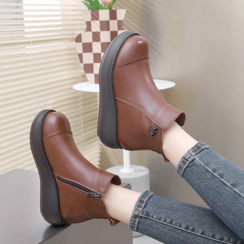 坡跟厚底短靴圆头秋冬季加绒棉靴松糕底小码女靴子真皮中跟大码41