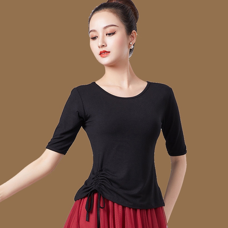 新款抽绳中袖舞蹈中装女服老年服代尔广场舞跳舞衣莫蓝色黑色上衣