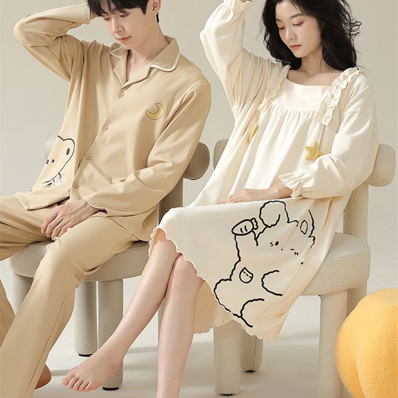 情侣睡衣春秋季长袖长裤男卡通可外穿带胸垫睡裙女春天家居服,女士内衣/男士内衣/家居服,睡衣/家居服套装,淘宝优惠券,粉丝福利购,淘宝优惠卷