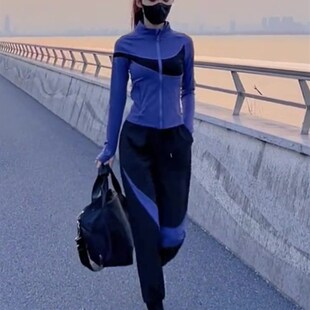 蓝色休闲运动套装女秋季时尚健身跑步速干长袖瑜伽服两件套小个子