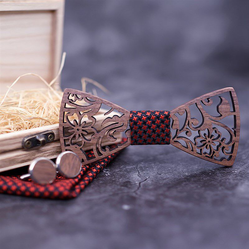 Mens 4PCS Wooden bow Tie Set Men Handkerchief wood Bowtie Cu