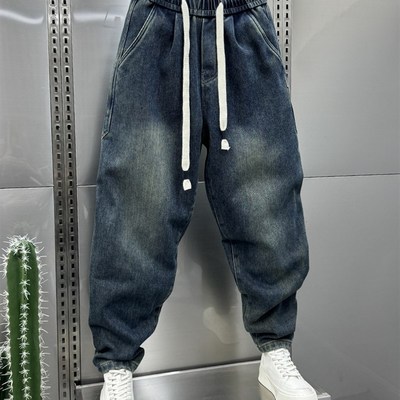 冬季潮加绒加厚牛仔裤男美式宽松小直脚水洗复古哈伦裤老爹萝卜裤